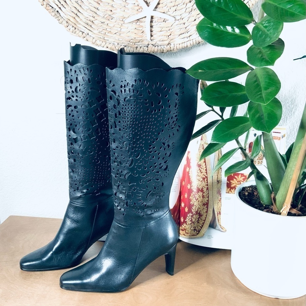 Bellini Celine Black Leather Women Laser Cut Knee High 3.5"Heel Boots - Picture 1 of 5